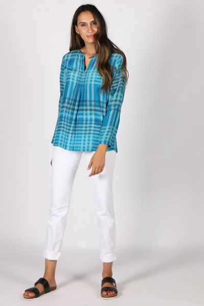 Printed Rasa Pleats Meda Top In Teal