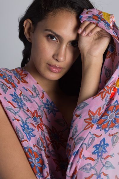 Wrap Hand Printed Pink Silk Chiffon Scarf by Anupamaa