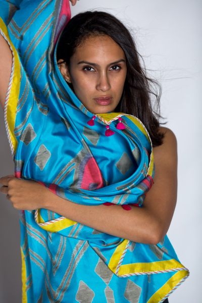 Wrap Hand Printed Turquoise Ikat Silk Twill Scarf by Anupamaa