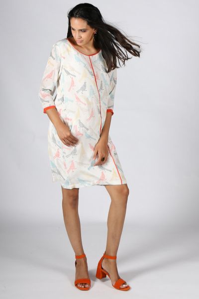 Rasa Bird Print Silk Aisha Dress