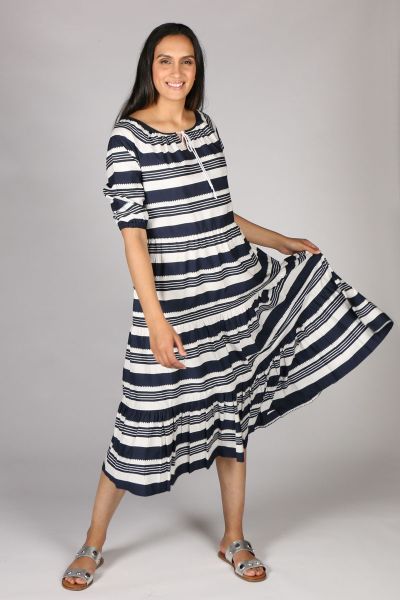 Bagruu Agra Midi Stripe Dress In Navy
