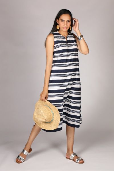 Bagruu Ekta Midi Stripe Dress In Navy